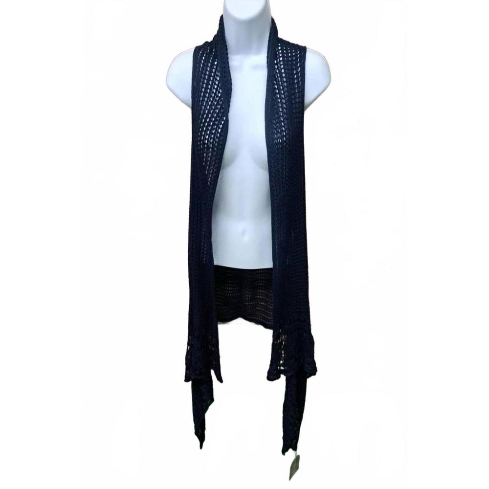 NEW RIAH FASHION women's sleeveless long crocheted cardigan in blue